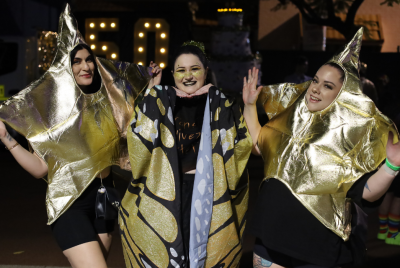 3 people dressed up in gold star and butterfly costumes